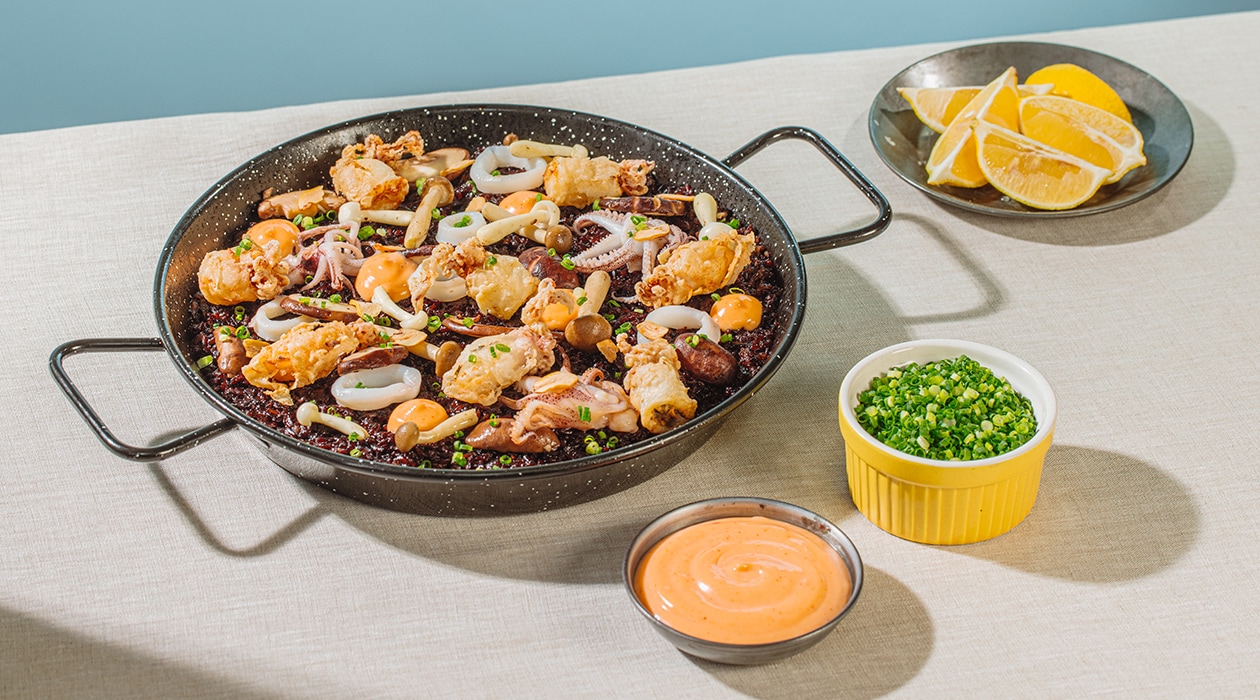 Adobong Pusit Paella with Pickled Mushrooms